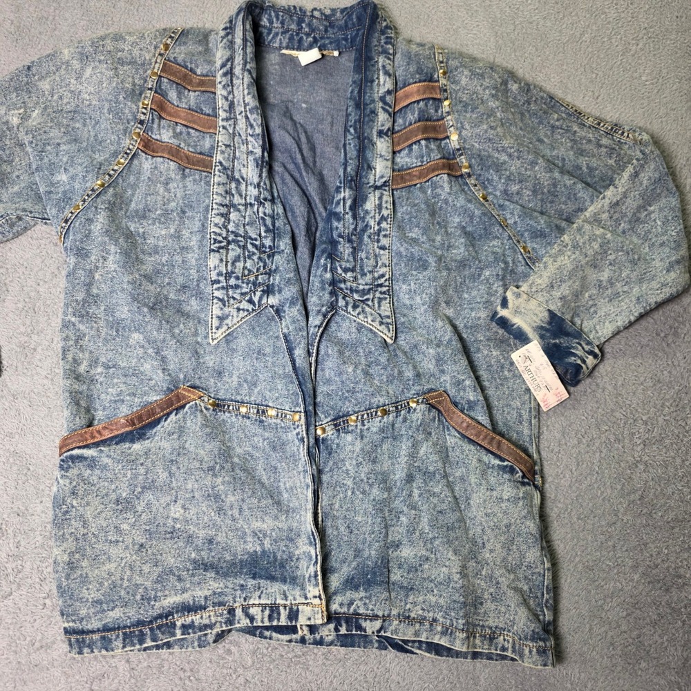 Monique Fashions Womens 7/8 Denim Jacket Blue Acid Wash Studded Leather Trim USA
